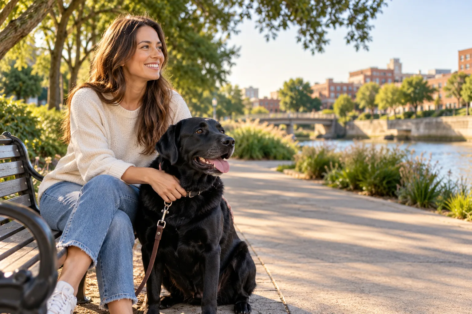 Owner sitting with a dog in a park beside a lake